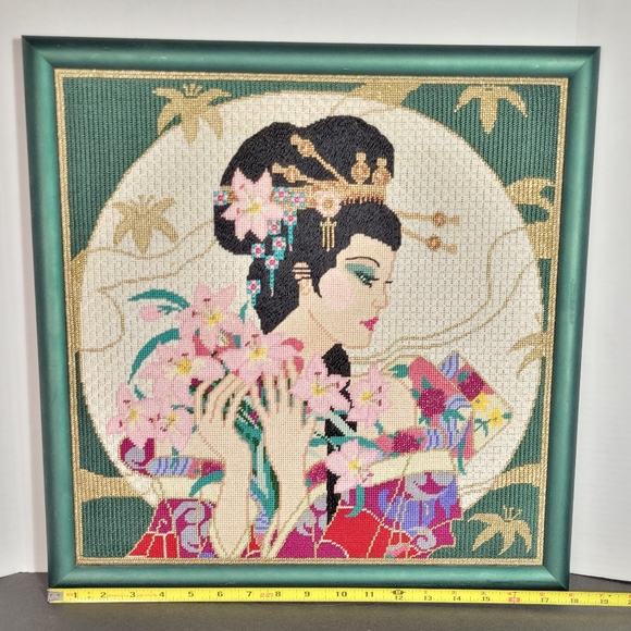 Geisha and the Moon Needlepoint Crewel Work on Handpainted Canvas - Picture 8 of 12